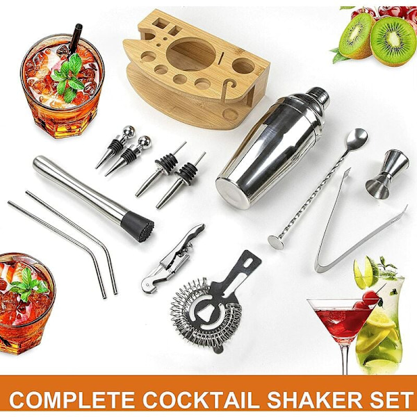 Bartender's Deluxe Set, 750ml Cocktail Shaker, Bambuställ, Rostfria Barverktyg, Diskmaskinskompatibel, Enkel Förvaring för Professionella