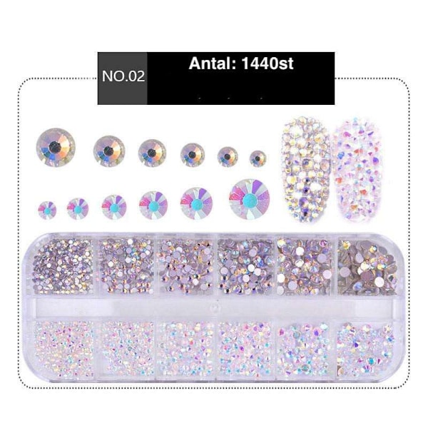 1440st Rhinestone i olika storlekar i ask - Nageldekorationer multifärg