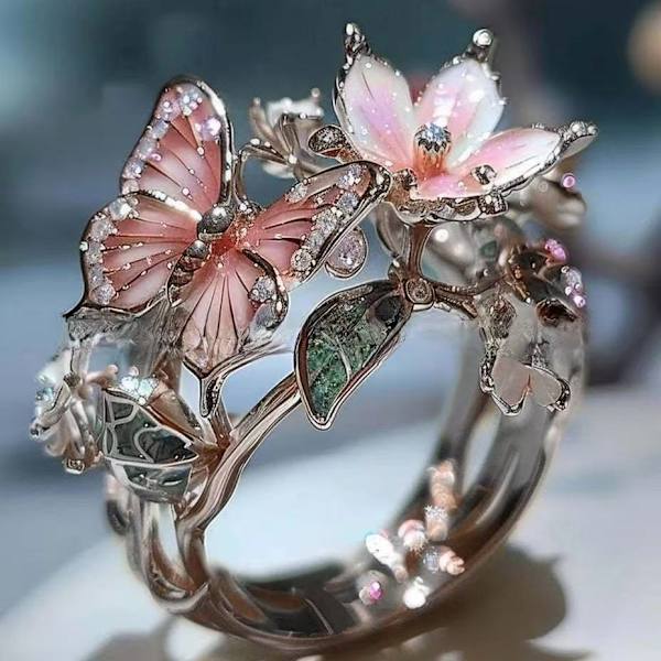 Fjärilsblomma Emaljring med Diamantbesatt Öppen Band silver