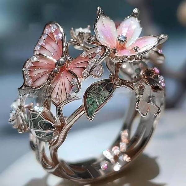 Sommerfugleblomst Emaljering med Diamantbesat Åben Bånd silver