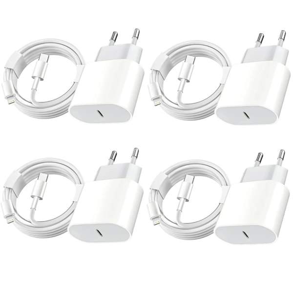 4-pakning lader til iPhone + USB-C-kabel 20W hurtiglader hvit