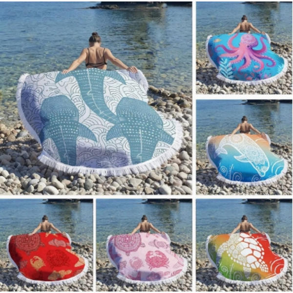 100cm x 100cm Merenelävät Mikrokuitu Pyöreä Hapsullinen Rantapyyhe E
