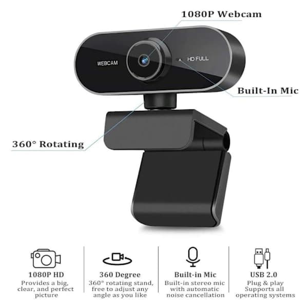 Webkamera mikrofonilla, Full HD 1080P webkamera videokamera