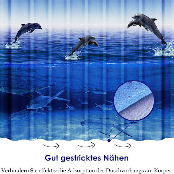 Vanntett dusjforheng 180x200cm, vaskbart polyester baderomsforheng, blå delfindesign