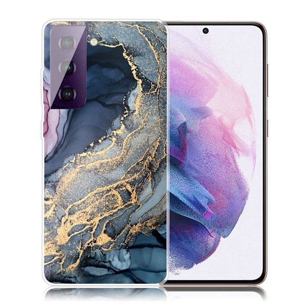 Marmormotiv Samsung Galaxy S21 FE skal - Blå På Gyllene Stänk Marmor multifärg