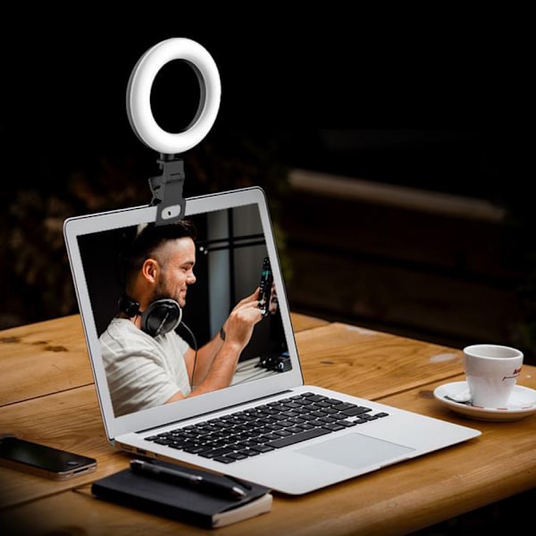 Justerbar Ringlampa för Videokonferenser, Mjukt Ljus med Clip-On Design och 5 Färgtemperaturer, Enkel Installation med Dimmerfunktion för Distansarbete