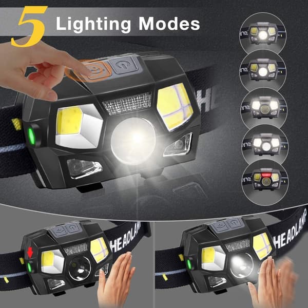 Hodelykter, 300 lumen LED oppladbar USB kraftig hodelykt, 5 lysmoduser, vanntett IPX4 med bevegelsessensor for løping, camping, sykling