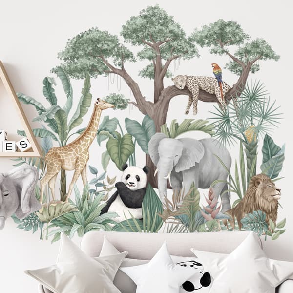Tecknade Djungeldjur Väggdekaler, Elefant Giraff Panda Leopard