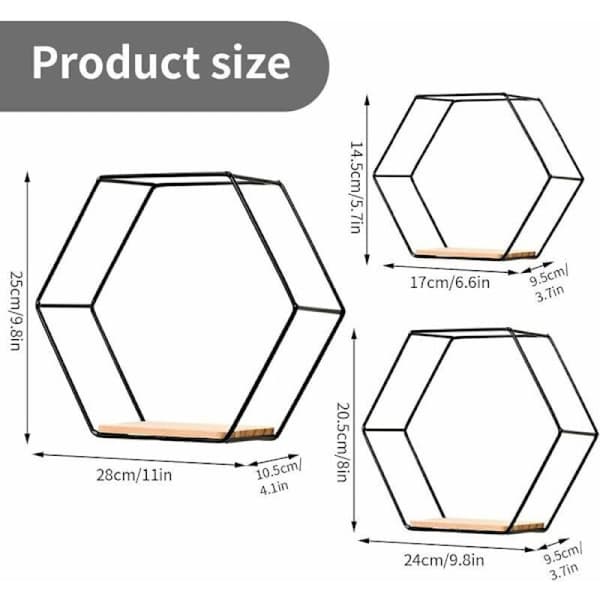 Hexagonala Vägg Hyllor Set om 3, Metall & Trä, för Kök Badrum Sovrum, Svart Väggdekor [CH]