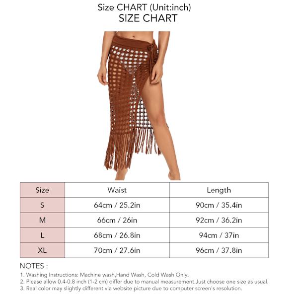 Dam Hollow Out Kjolar Mesh Tofs Stickad Delad Fåll Hög Midja Sido Knytning Strandöverdrag Sarong Brun S