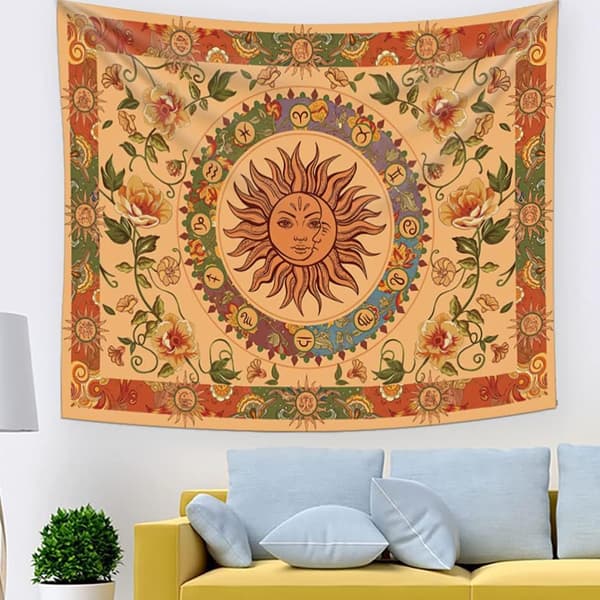 1 st 200x150cm Sol och Måne Tapestry Löv Blommor Väggbonad H