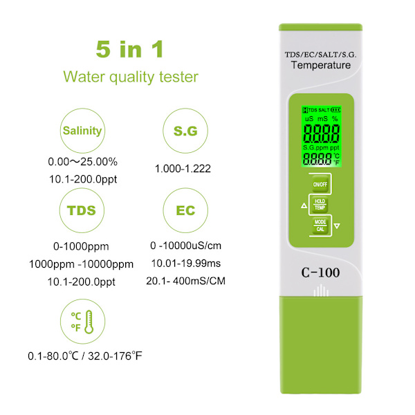5 i 1 Digital Vannkvalitetstester Test TDS/EC/Salinitet/SG./Temp