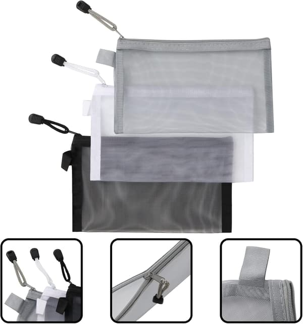 3 Pak Transparent Mesh Blyantsæt med Lynlås til Makeup og P