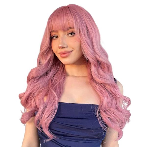 Sakura rosa lång lockig peruk med lugg, cosplayperuk