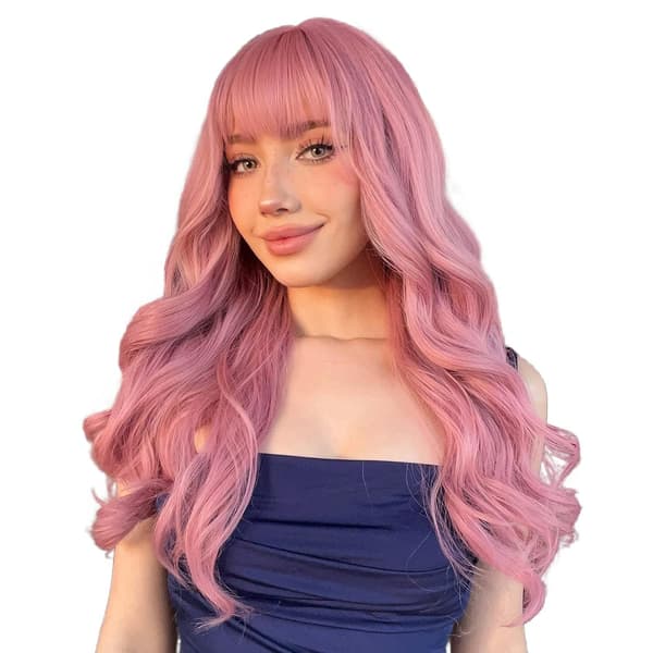 Sakuran vaaleanpunainen pitkä kihara peruukki otsatukalla, cosplay-peruukki