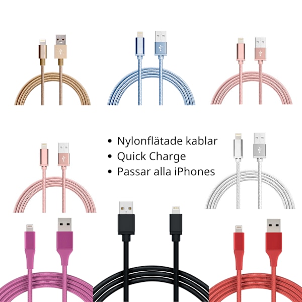 2M Kabel iPhone Laddare Nylon Quick Charge Flera Färger Roseguld