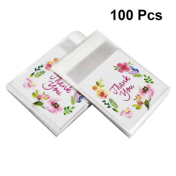 100 stk. Tak Blomstermønster Gavepose Selvklæbende Slikkageposer Cellofanpose Pakkepose Festgavepose (7 x 7 + 3cm)
