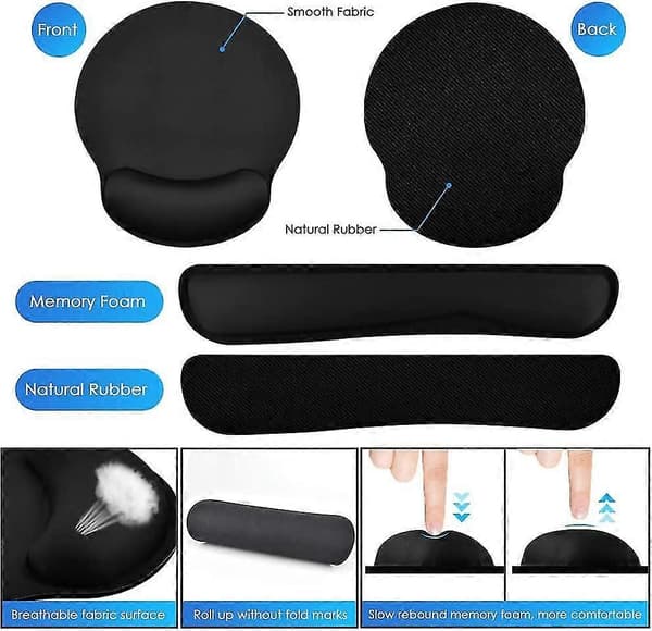 Musematte, Ergonomisk musematte + tastatur håndleddsstøtte sett for datamaskin/laptop, Sklisikker gummibase minneskum håndleddsstøttesett for lindring Getti