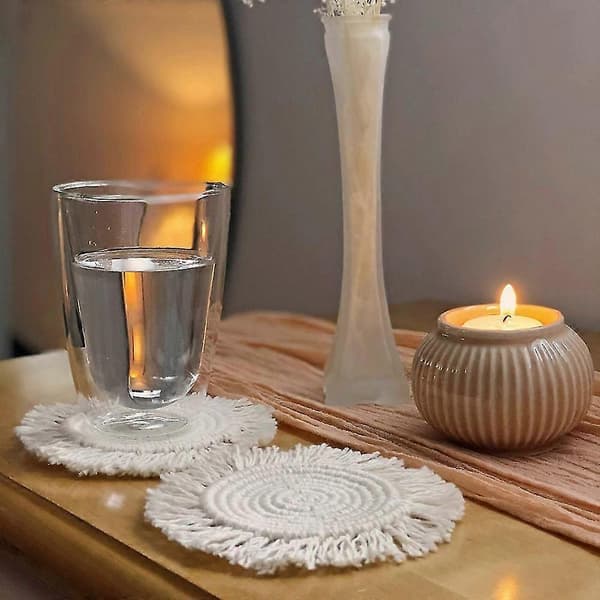 Håndlavede Macrame Brikker, Runde Kvaster Brikker til Drikkevarer, Absorberende Varme- og Vandafvisende Genanvendelige Holdbare Underkopper Bar (Beige, 2 stk.) 15*15cm