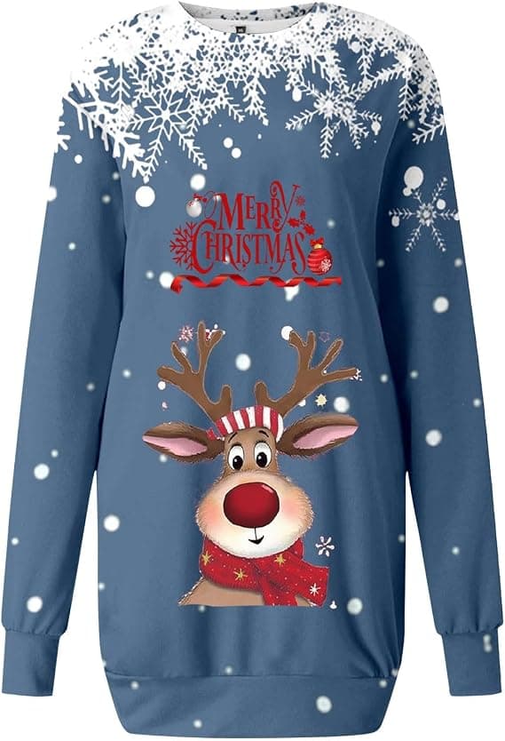 Jule-sweatshirtkjole til kvinder med rund hals og lange ærmer, 3D digitalt print pullover - Blå - Størrelse M Blue M