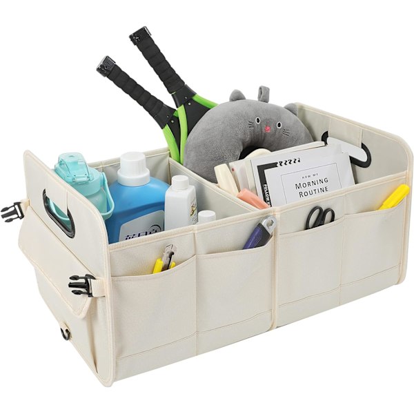 Elegant Bagageorganisatör, Hopfällbart Bilförvaringssystem med Flera Fack, Kraftig Oxford Polyester, Perfekt för Bil, Lastbil, SUV (Beige)