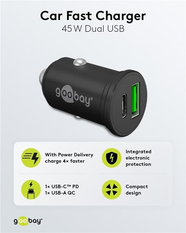 Dubbel USB-billaddare, USB-C™ PD, 45 W, lämplig för USB-C-enheter