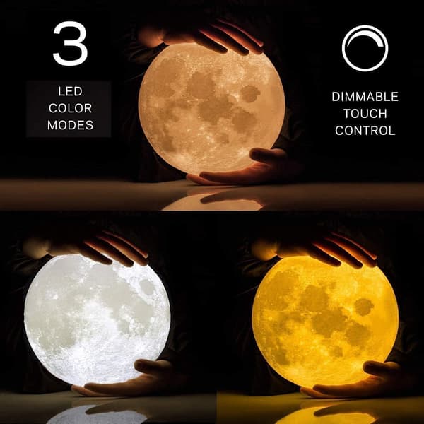 3D Månelampe, 3 Farver LED Natlys, 15 cm Diameter, USB Genopladelig