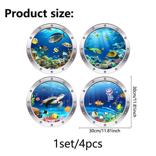 3D Set med 4 st Havsliv Fisk Väggdekaler för Badrum, Under Th