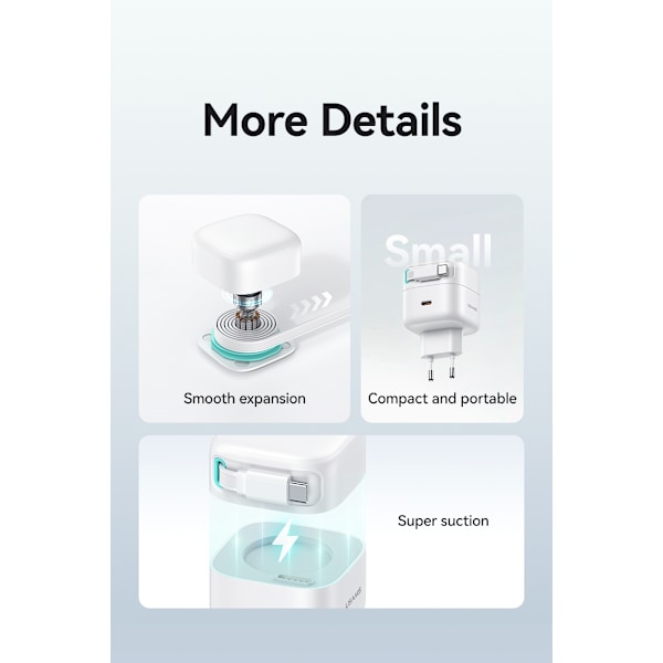 iPhone 16, 15 snabbladdare kompatibel PD35W - Dual Port GaN retractable Vit