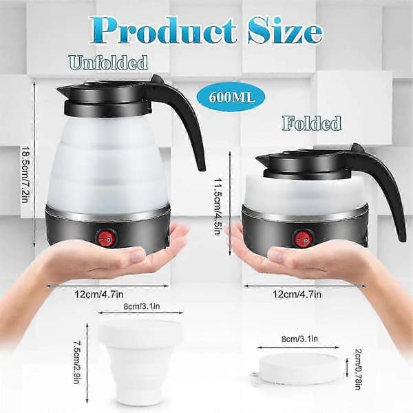 Foldbar Kedel, 600 ml Campingkedel Mini Rejsekedel Foldbar Silikonekedel Med Foldbare Kopper, Til Rejser EU-stik