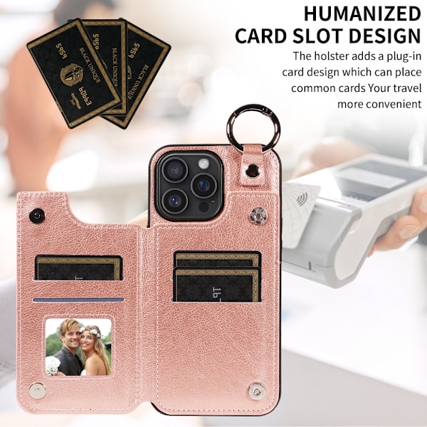 SKALO iPhone 16 Pro Max PU-Läder Korthållare med Ring Skal - Roséguld Rosa guld