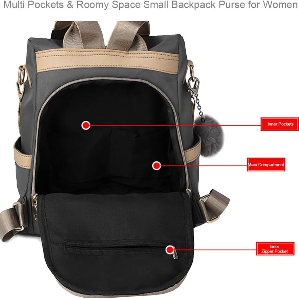 Stöldskydd liten ryggsäcksväska för kvinnor, vattentät nylon