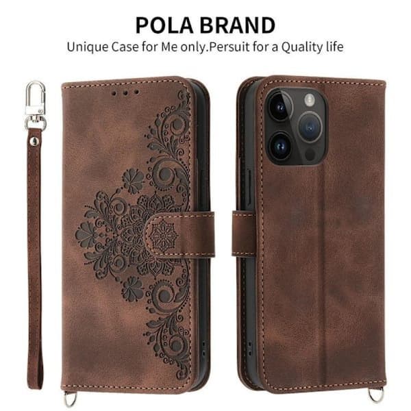 (For Samsung S10) Embossed Leather Phone Case with Lanyard, Multiple Card Slots, Black Brun