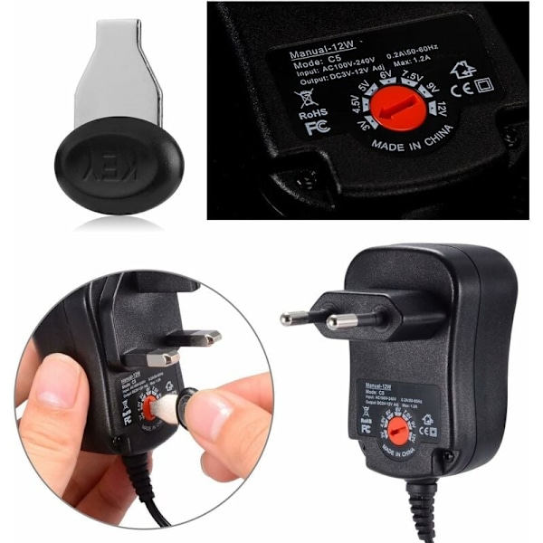 12W Universell AC DC Strömadapter 3V 4.5V 5V 6V 7.5V 9V och 12V med 8 Valbara Adapterkontakter, 1000mA Max, 115cm Laddningskabel