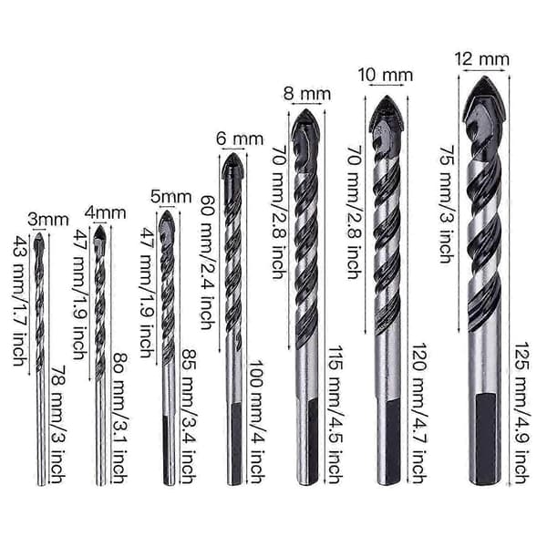 7 stk. Tungstenkarbid murverksbor sett (3 4 5 6 8 10 12mm)