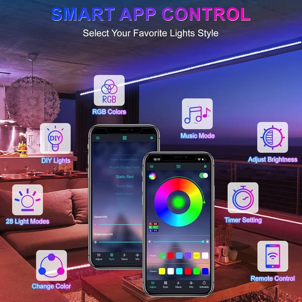 RGB Smart Music Sync LED-ljusslingor, Färgskiftande multifunktionella ljusslingor, Enkel installation för sovrum, kök, bröllopsdekoration, Bluetooth