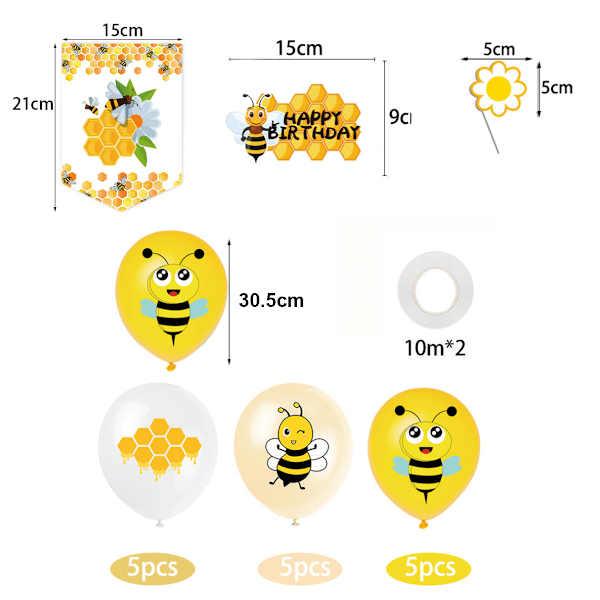 Bi-tema Dekoration för Födelsedagsfest, Muffin Toppers, Blomster Söta Bi-design, Ljust Gul och Svart Papper, Perfekt för att Fira Bin, 1 Flagga