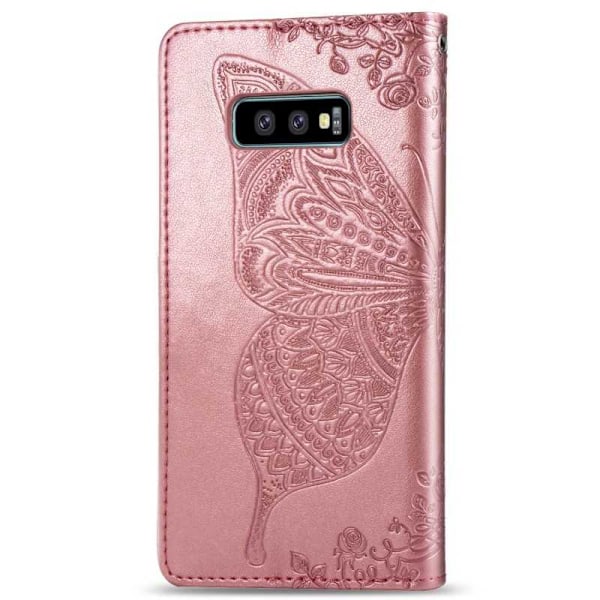 Samsung S10e Plånboksfodral PU-Läder 4-FACK Motiv Fjäril Rosenguld