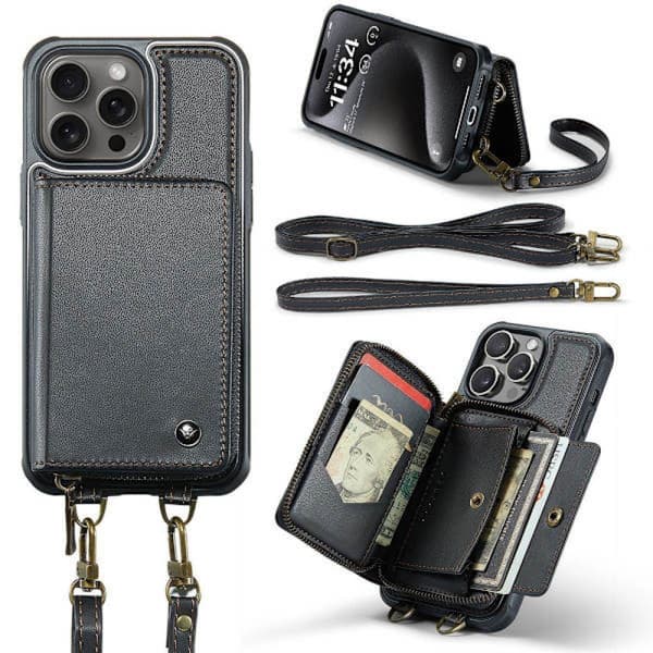 (Til iPhone 14 Pro) Læder crossbody pungcover med kortlommer og RFID-beskyttelse rød perlehvit