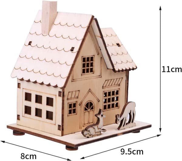 Julepynt i tre til bursdagsdekorasjon, DIY-prosjekt med et uferdig trehus, LED-lysende hus til bryllupsdekorasjon og