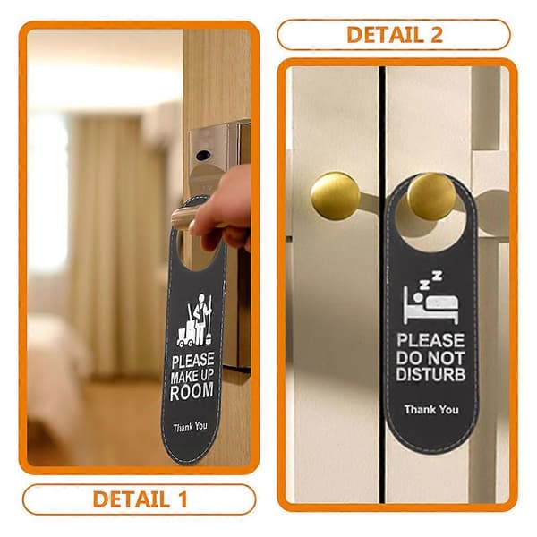 3 st dörrskyltar i läder för hotell, \"Stör ej\" och \"Städa rummet\"