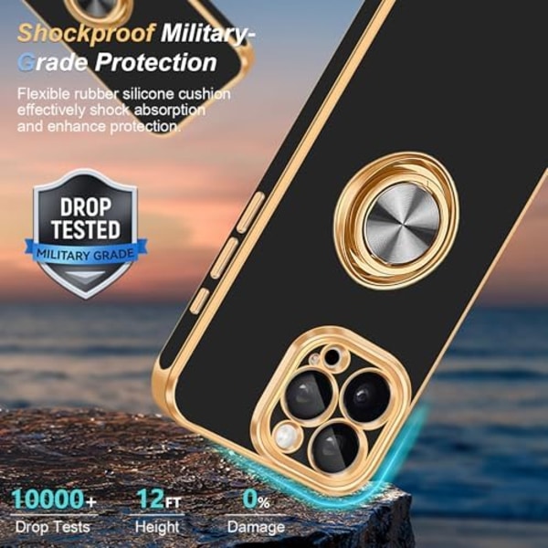 iPhone 16 Pro Max Skal [med 360° roterbart ringhållare][Stöd för magnetisk bilhållare] Glansig förgylld tunn mjuk TPU