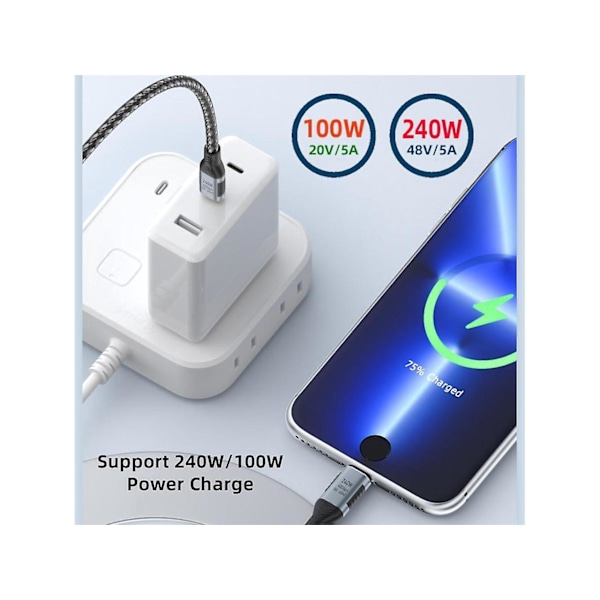 USB C till USB C laddningskabel, USB 4.0 240W Typ C snabbladdningskabel i nylonfläta för typ C-bärbar dator, hubb, dockningsstation, stödjer 8K
