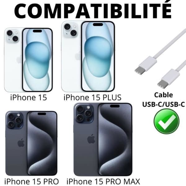 USB-C til USB-C-kabler for iPhone 15, 15 PLUS, 15 PRO, 15 PRO MAX - 2 meter flettet nylonkabel Phonillico®