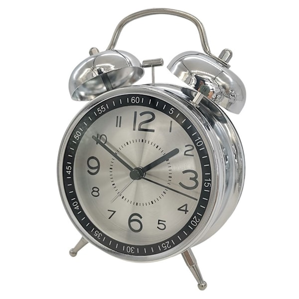 Retro Twin Bell Alarm Tyst Väckarklocka Silver