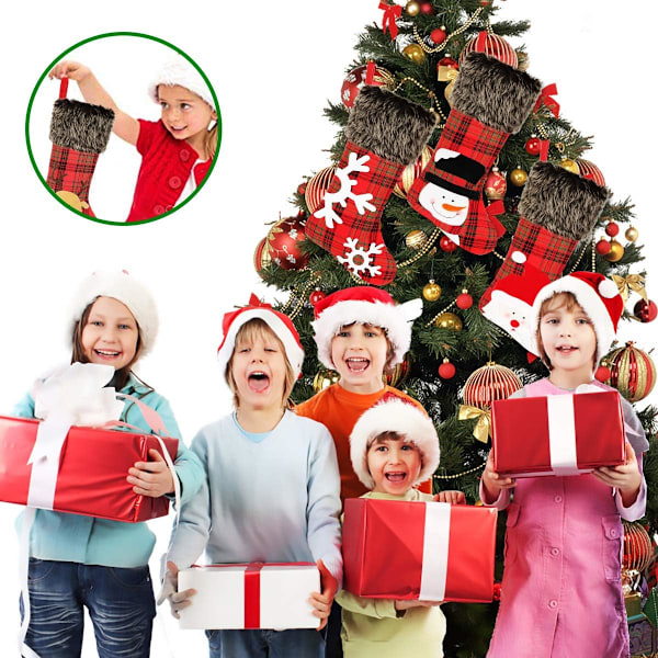 Julstrumpor, perfekt julklapp säckväv rutig stil 45 cm stor storlek med 3D-karaktärsdesign för glädjefull juldekoration (röd och svart, set med