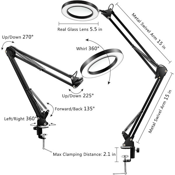 Handsfree Förstoringsglas med Ljus, 1 500 Lumen Steglöst Dimbar, 3 Färglägen, 5-Dioptri Äkta Glaslins, Ergonomiskt Designad för