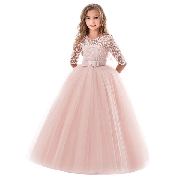 Blomsterflickaklänning med spets 3D-blomdetaljer, bröllopsklänning för småbarn, elegant prinsessinspirerad långärmad design med detaljerad kantning Pink 130cm