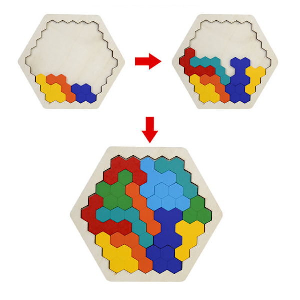 Träpussel i Hexagonform - Formblock Tangram Hjärnteaser Leksak Geometri Logik IQ-Spel STEM Montessori Pedagogisk Present för Alla Åldrar Utmaning