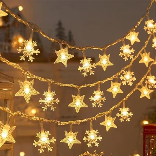 Stjerne- og snøfnugg-lysslynge, batteridrevet med konstant lys og blinkende funksjon, perfekt til jul (6 m, 40 lys) 6m 40 lights